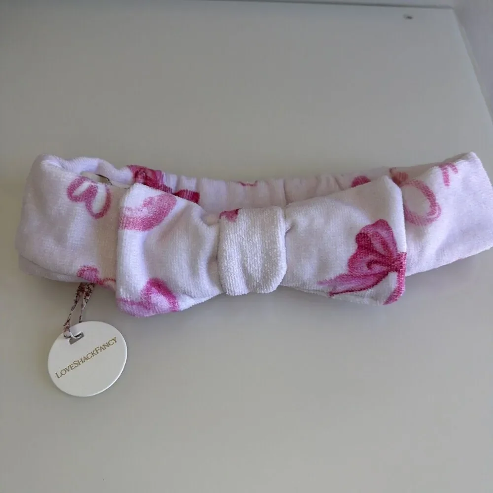 Love Shack Fancy Rare Print Face Wash Headband With Bow Blushing Kisses NWT Pink